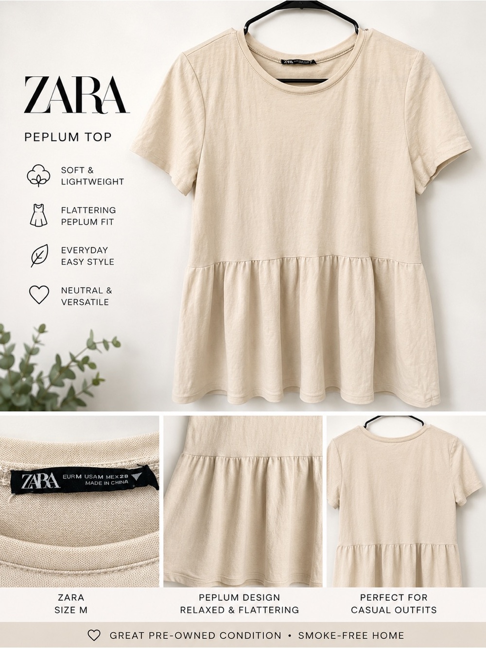 Zara Beige Peplum Top – Size M